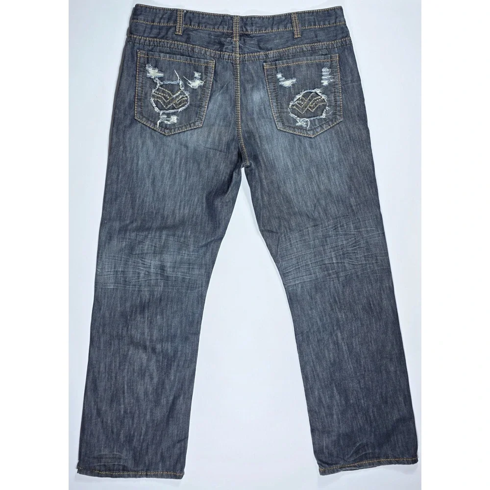 Helix Mens Straight Leg Dark Wash Distressed Back Pocket Jeans 38W 30L